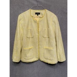 Talbots Lyla Blazer Women’s 16 XL Yellow Tweed Open Jacket Hidden Clasp Fringe
